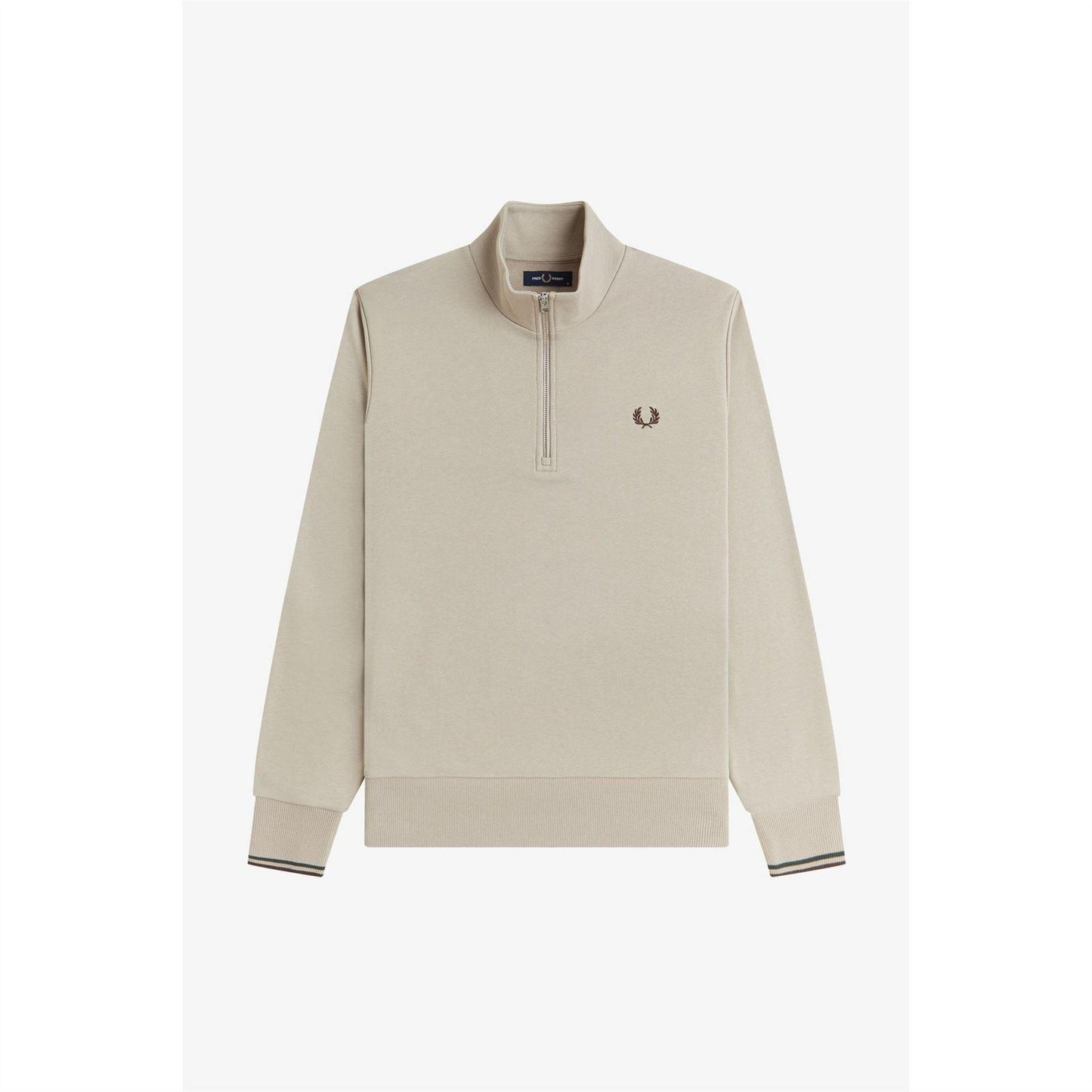 Warm Beige - Front - Fred Perry Mens Logo Half Zip Sweatshirt