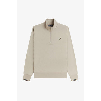 Warm Beige - Front - Fred Perry Mens Logo Half Zip Sweatshirt