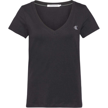 Black - Front - Calvin Klein Womens-Ladies Embroidered Stretch V Neck T-Shirt