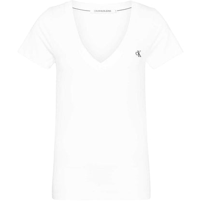 Bright White - Front - Calvin Klein Womens-Ladies Embroidered Stretch V Neck T-Shirt