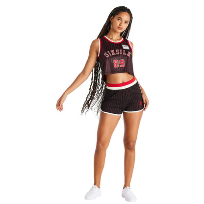 Black-Red - Pack Shot - SikSilk Womens-Ladies Cropped Basketball Vest Top