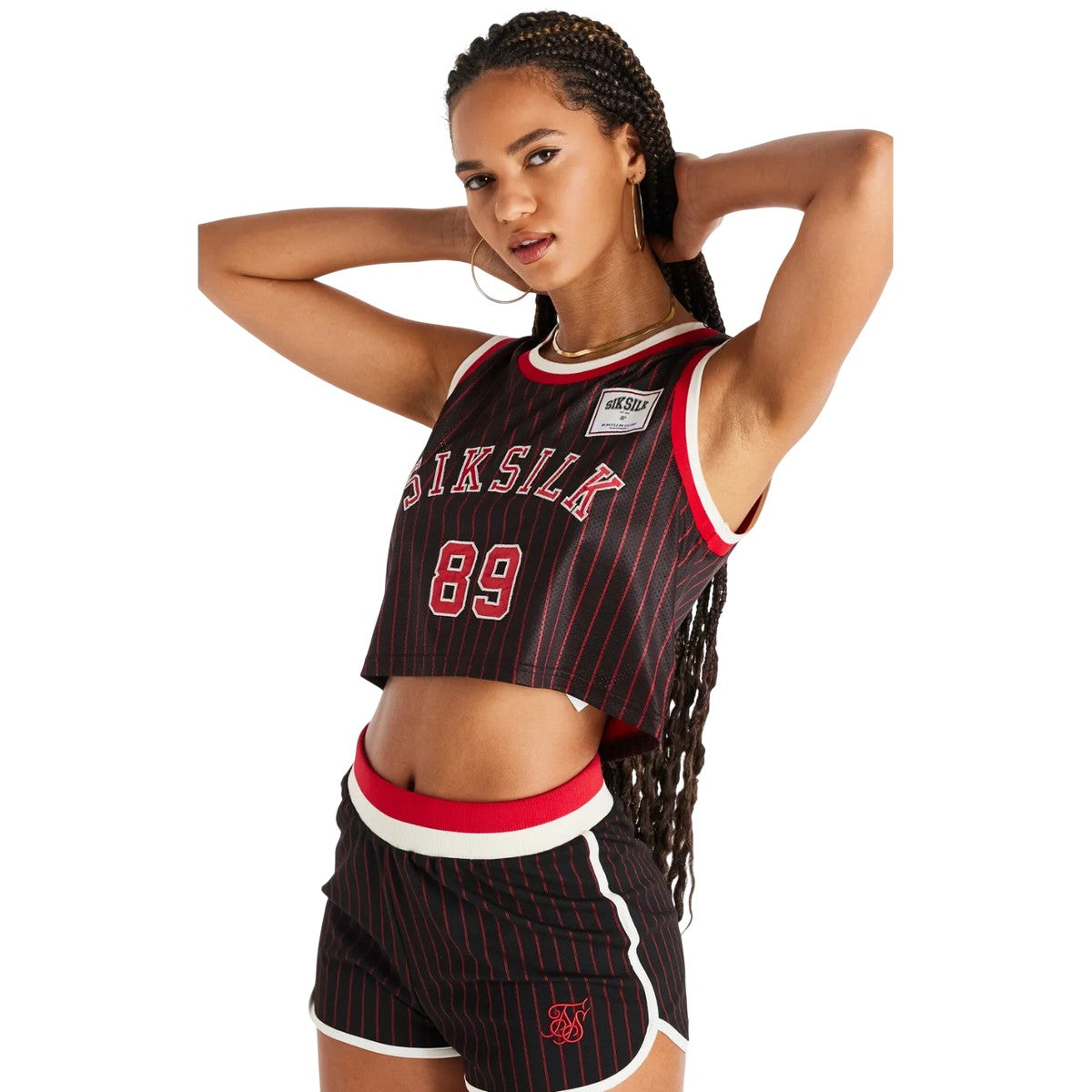 Black-Red - Front - SikSilk Womens-Ladies Cropped Basketball Vest Top