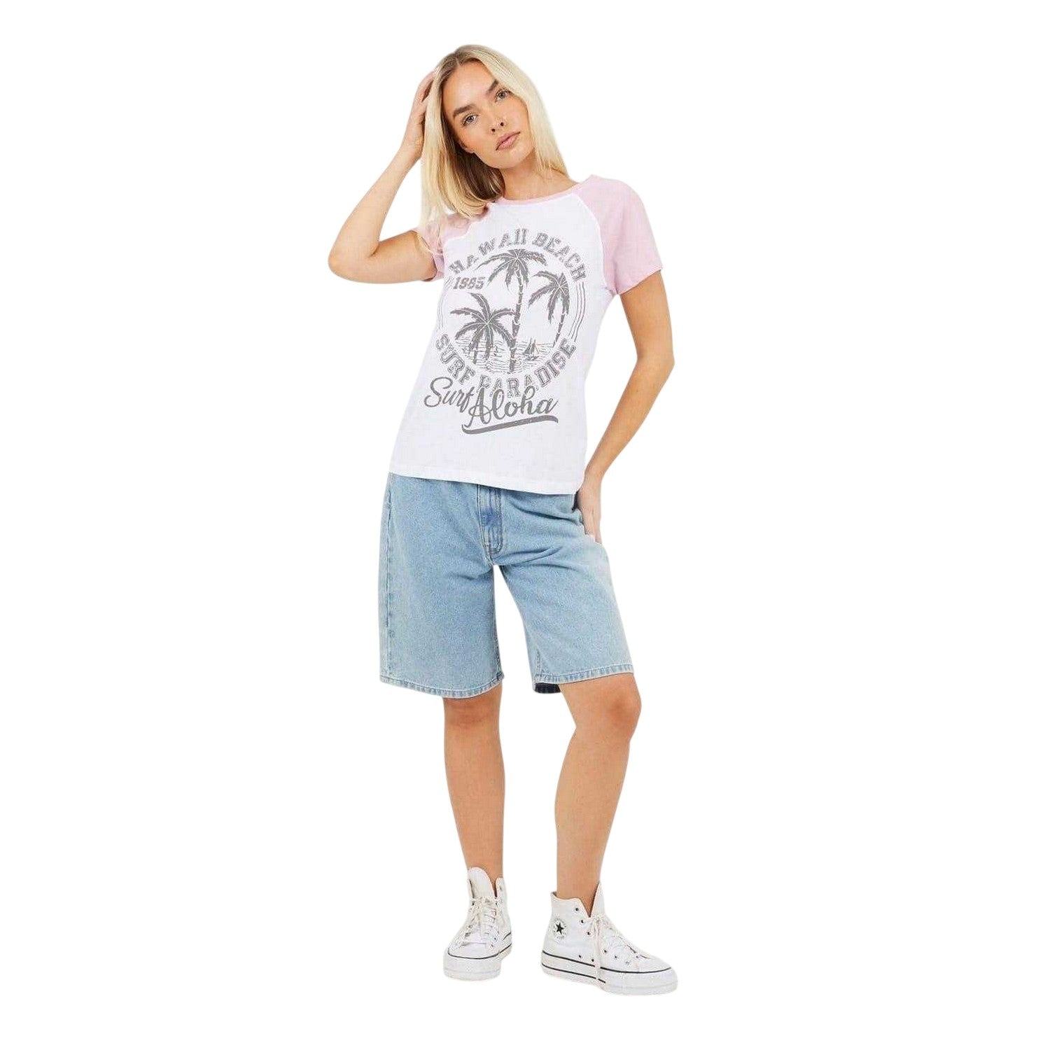White-Lilac - Side - Brave Soul Womens-Ladies Lettering Contrast Sleeves T-Shirt