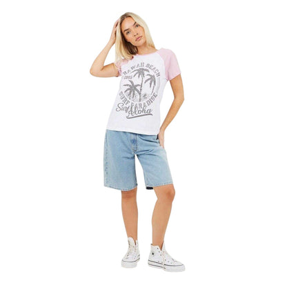 White-Lilac - Side - Brave Soul Womens-Ladies Lettering Contrast Sleeves T-Shirt