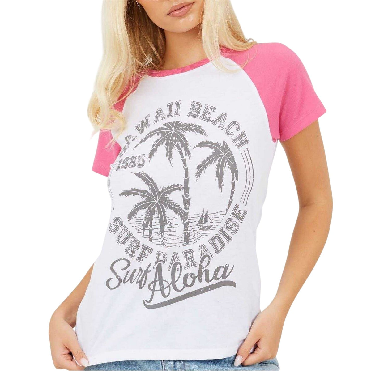 White-Coral - Front - Brave Soul Womens-Ladies Lettering Contrast Sleeves T-Shirt
