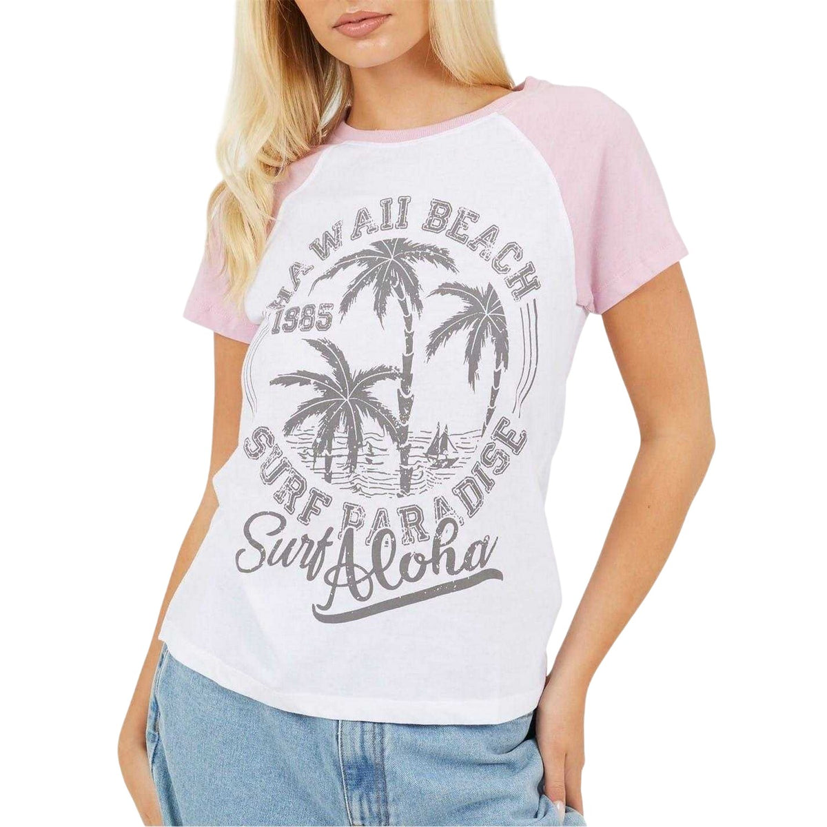 White-Lilac - Front - Brave Soul Womens-Ladies Lettering Contrast Sleeves T-Shirt