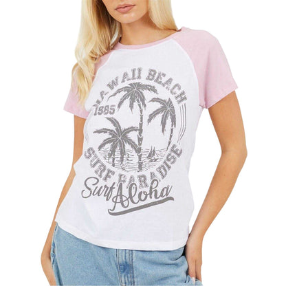 White-Lilac - Front - Brave Soul Womens-Ladies Lettering Contrast Sleeves T-Shirt