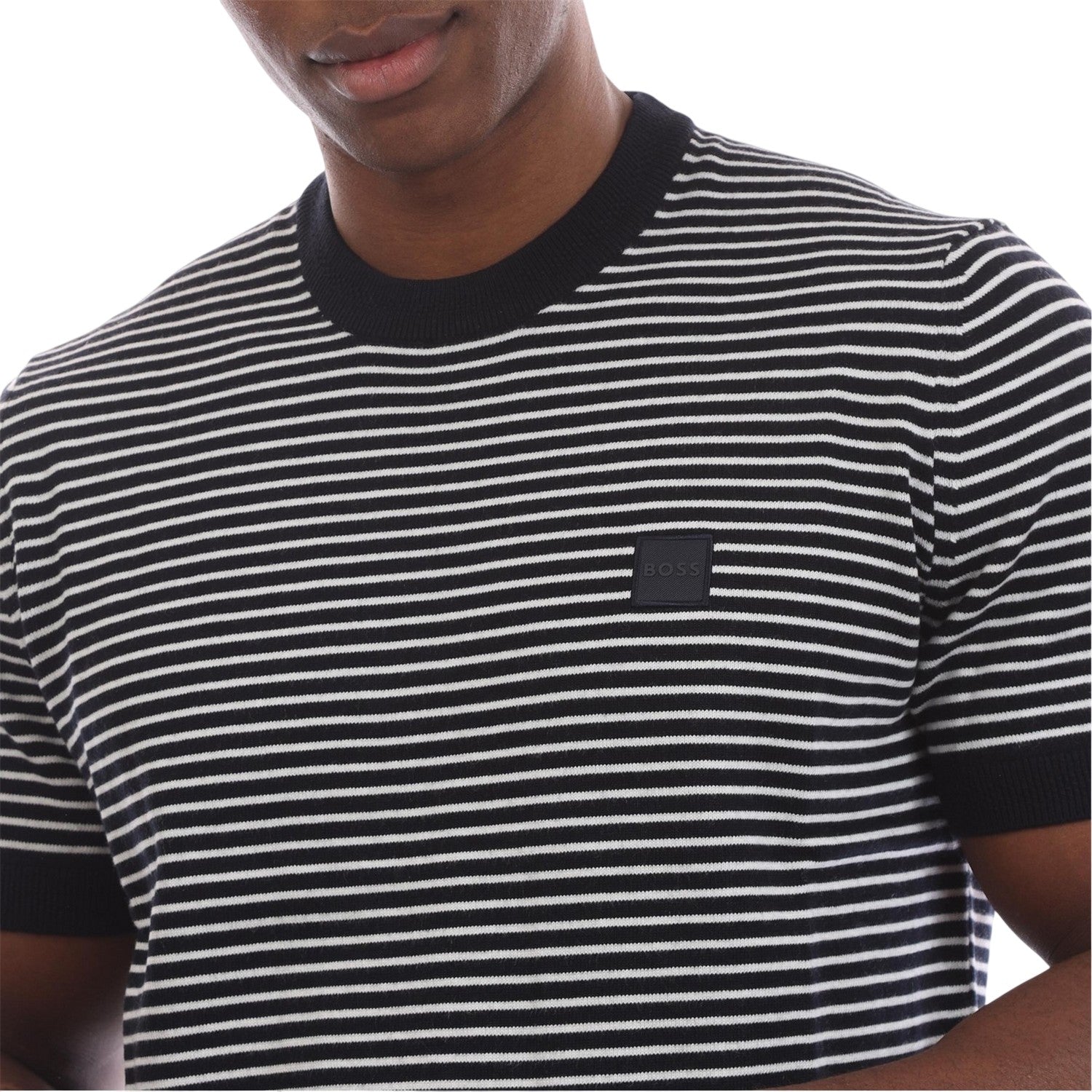 Dark Blue - Side - Boss Mens Kanache Striped Crew Neck Short-Sleeved Sweatshirt