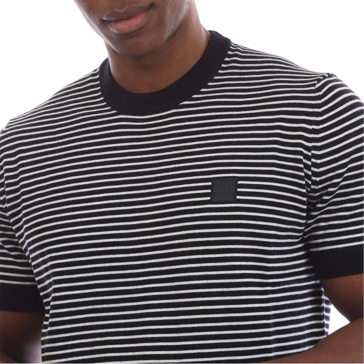 Dark Blue - Side - Boss Mens Kanache Striped Crew Neck Short-Sleeved Sweatshirt