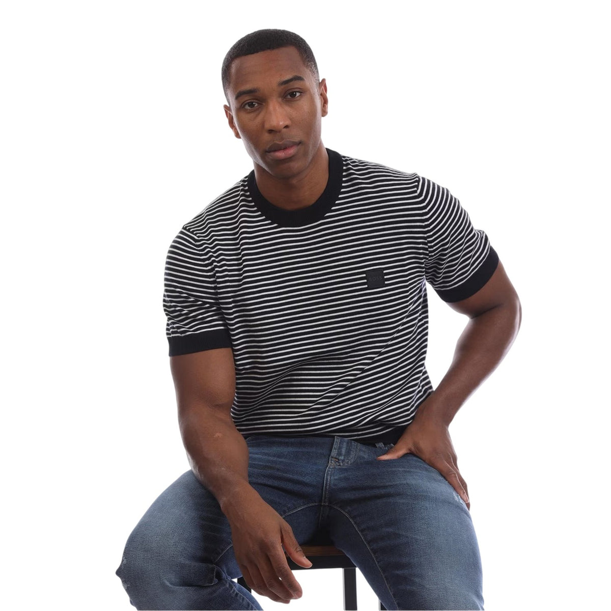 Dark Blue - Lifestyle - Boss Mens Kanache Striped Crew Neck Short-Sleeved Sweatshirt