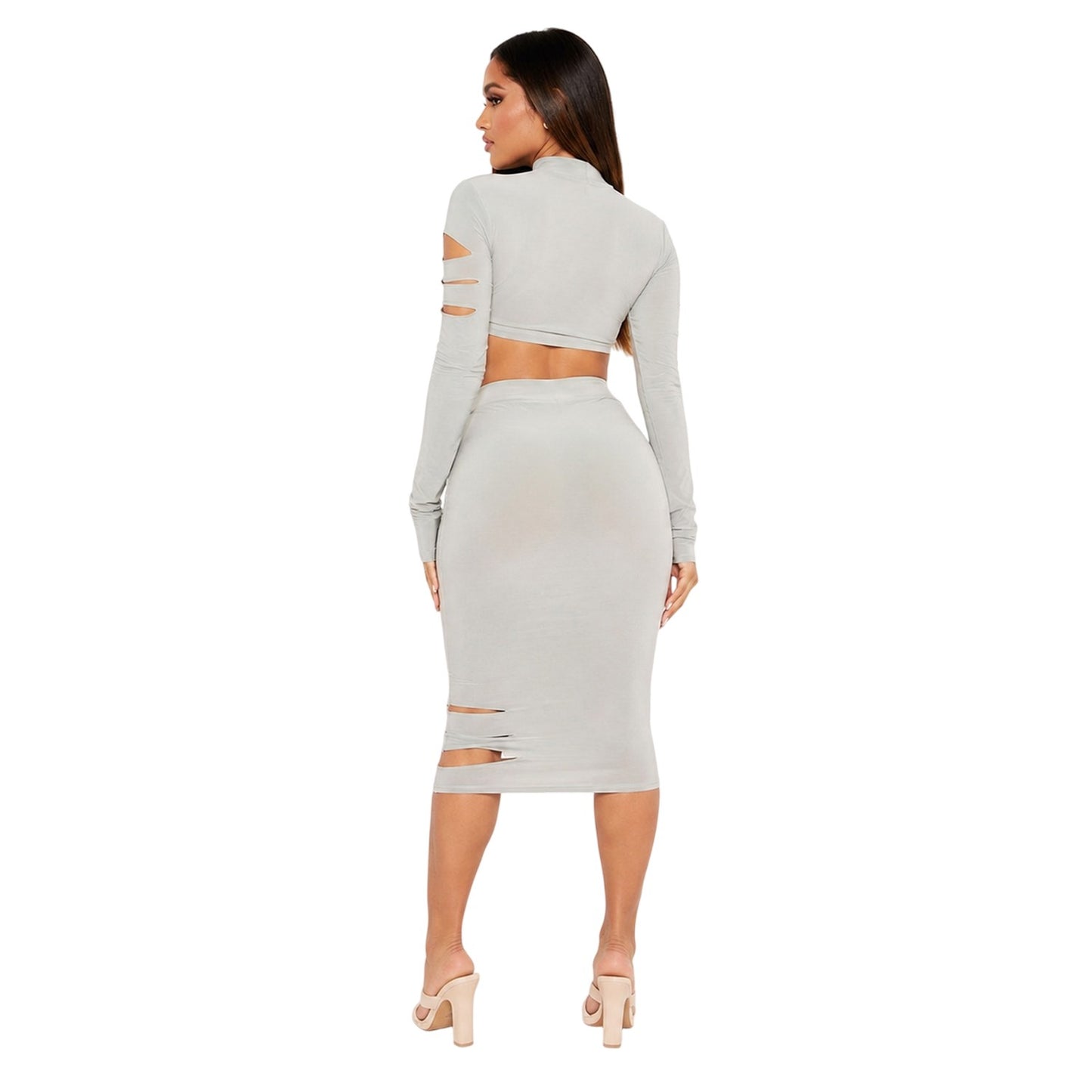 Sage - Back - Missy Empire Womens-Ladies Cut Out Midi Skirt