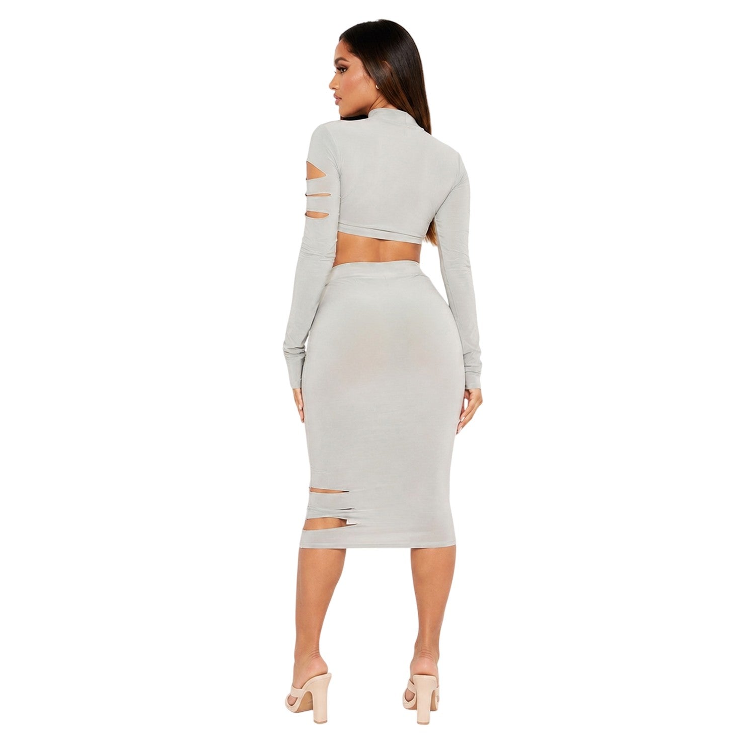 Sage - Back - Missy Empire Womens-Ladies Cut Out Midi Skirt