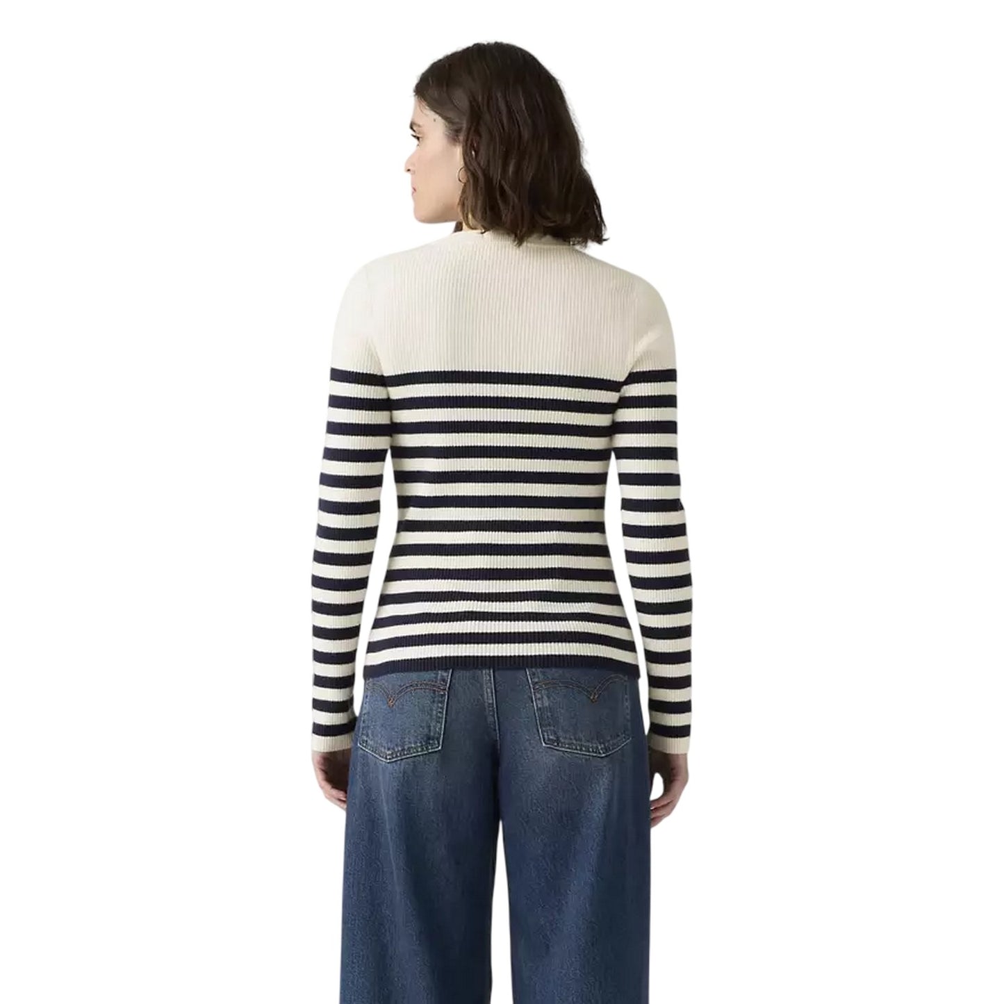 Blue-White - Back - Levis Womens-Ladies Striped Ribbed Collar Long-Sleeved Sweater Top
