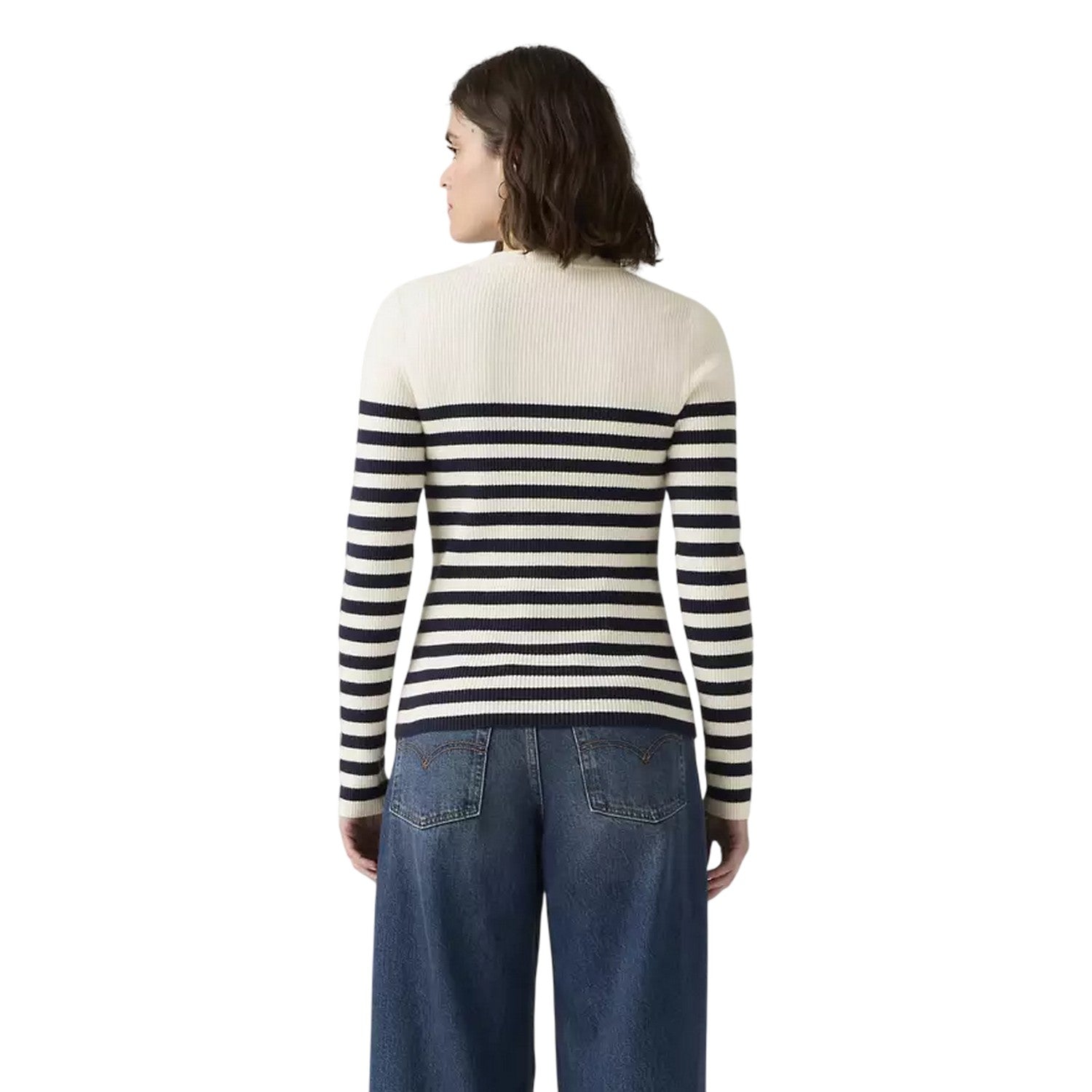 Blue-White - Back - Levis Womens-Ladies Striped Ribbed Collar Long-Sleeved Sweater Top