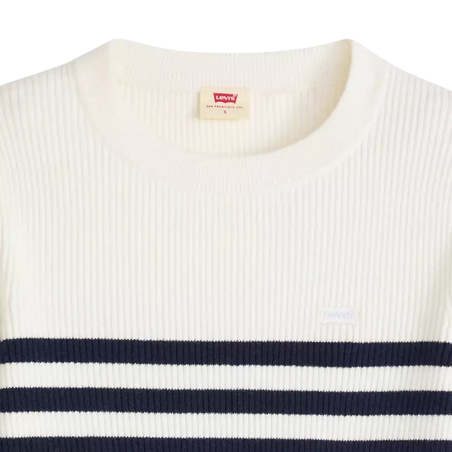 Blue-White - Side - Levis Womens-Ladies Striped Ribbed Collar Long-Sleeved Sweater Top