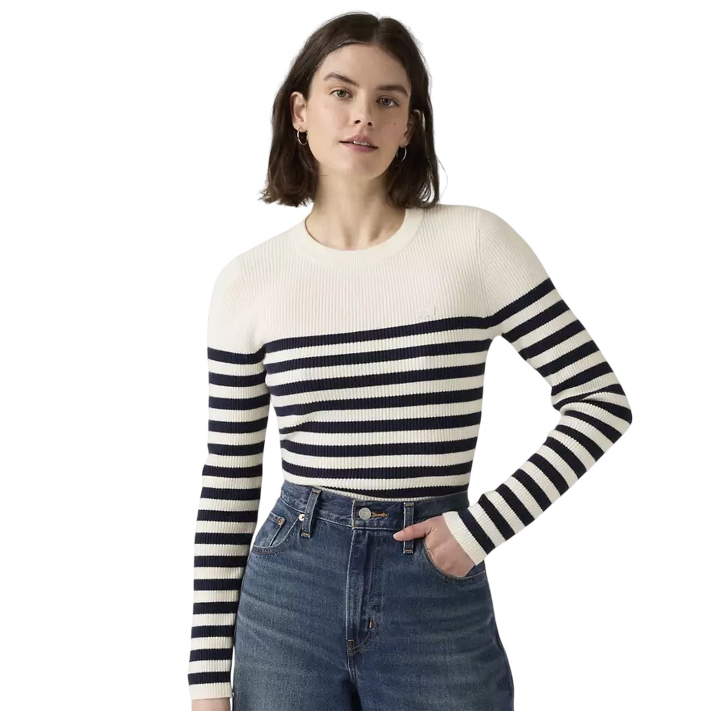 Blue-White - Lifestyle - Levis Womens-Ladies Striped Ribbed Collar Long-Sleeved Sweater Top