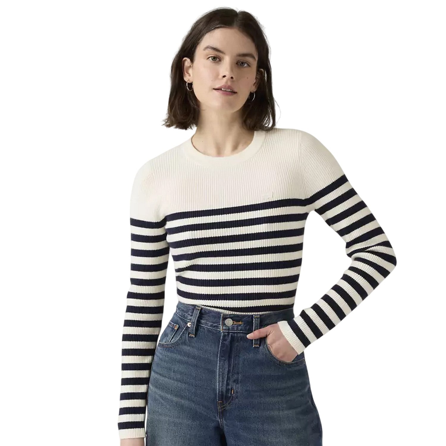 Blue-White - Lifestyle - Levis Womens-Ladies Striped Ribbed Collar Long-Sleeved Sweater Top
