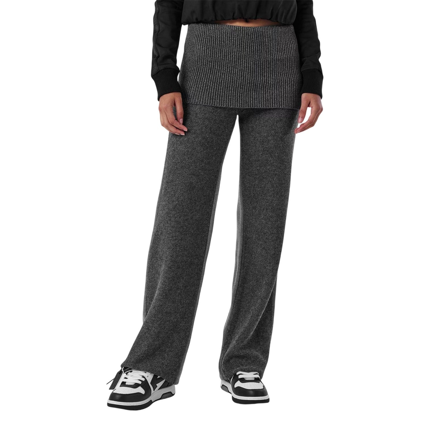 Dark Grey - Side - Off White Womens-Ladies Off Ribbed Fold Over Wide Leg Trousers