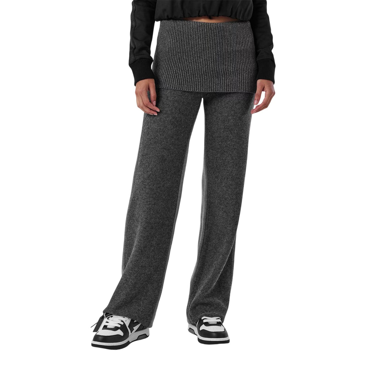 Dark Grey - Side - Off White Womens-Ladies Off Ribbed Fold Over Wide Leg Trousers