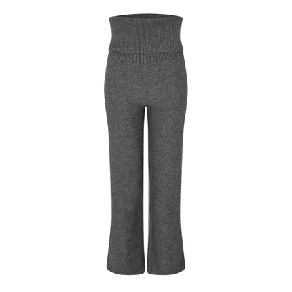 Dark Grey - Front - Off White Womens-Ladies Off Ribbed Fold Over Wide Leg Trousers
