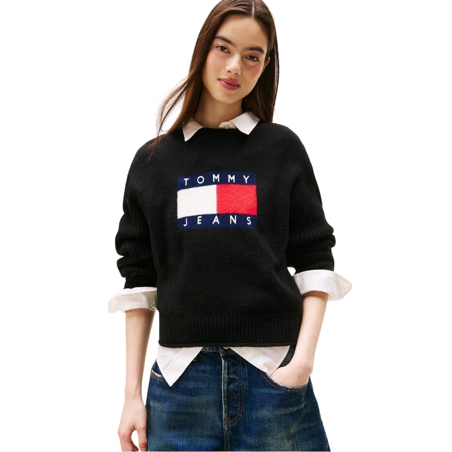Black - Side - Tommy Jeans Womens-Ladies Flag Jumper