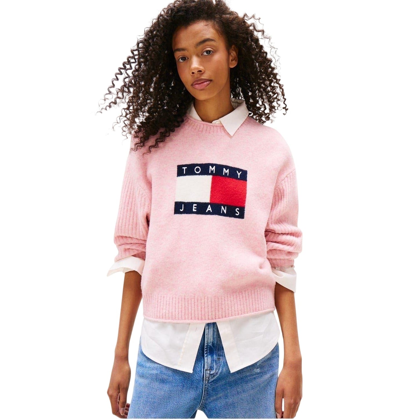 Pink - Side - Tommy Jeans Womens-Ladies Flag Jumper