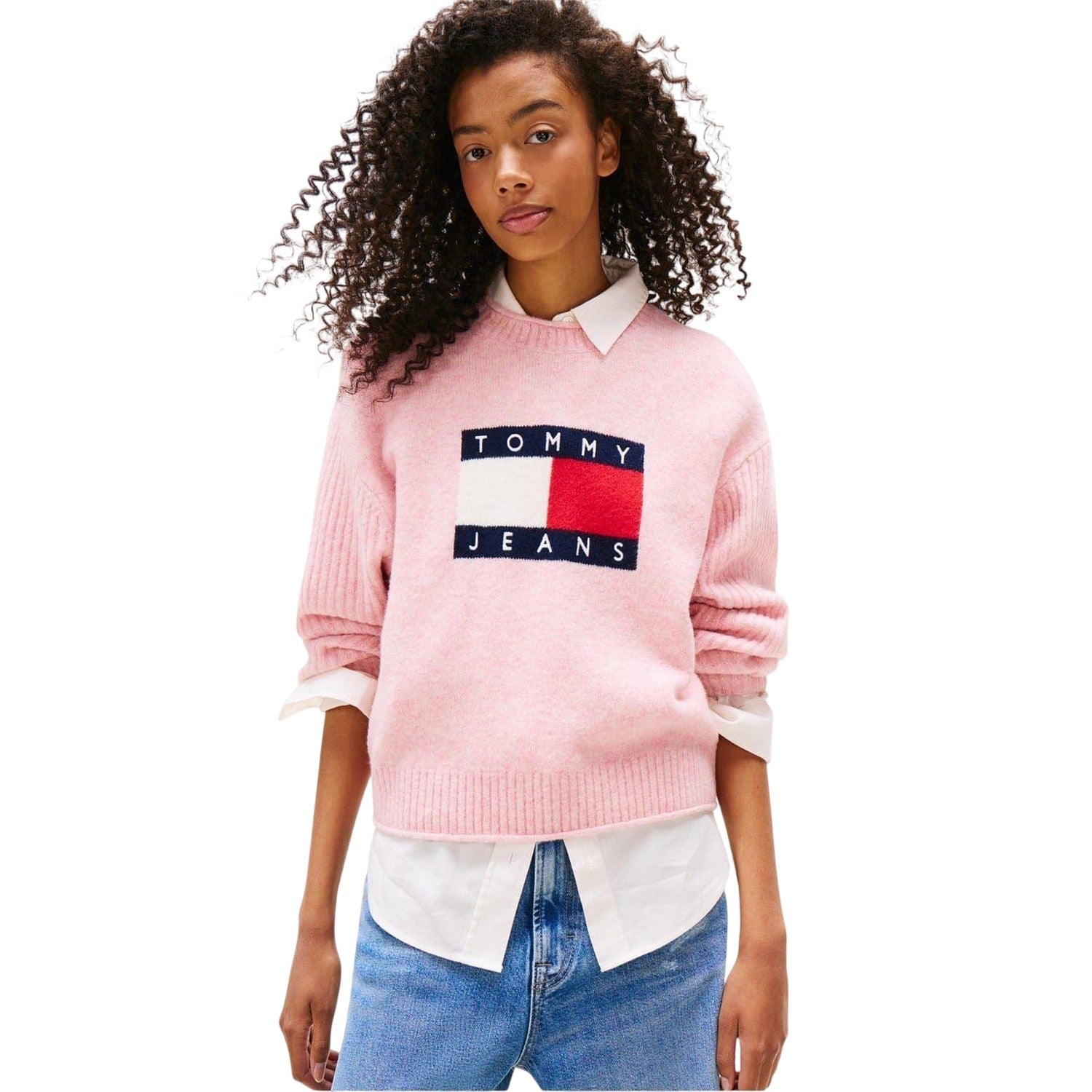 Pink - Side - Tommy Jeans Womens-Ladies Flag Jumper