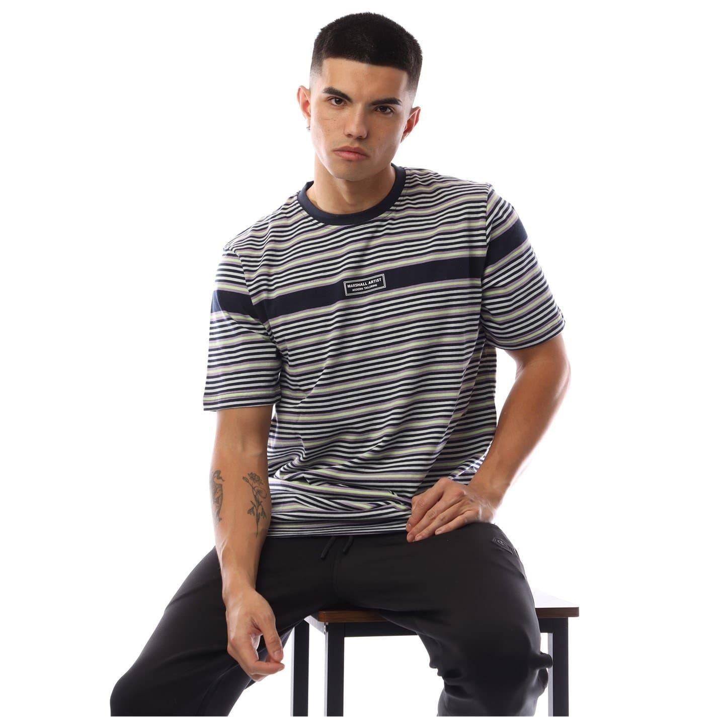 Navy - Back - Marshall Artist Mens Montesano Striped T-Shirt