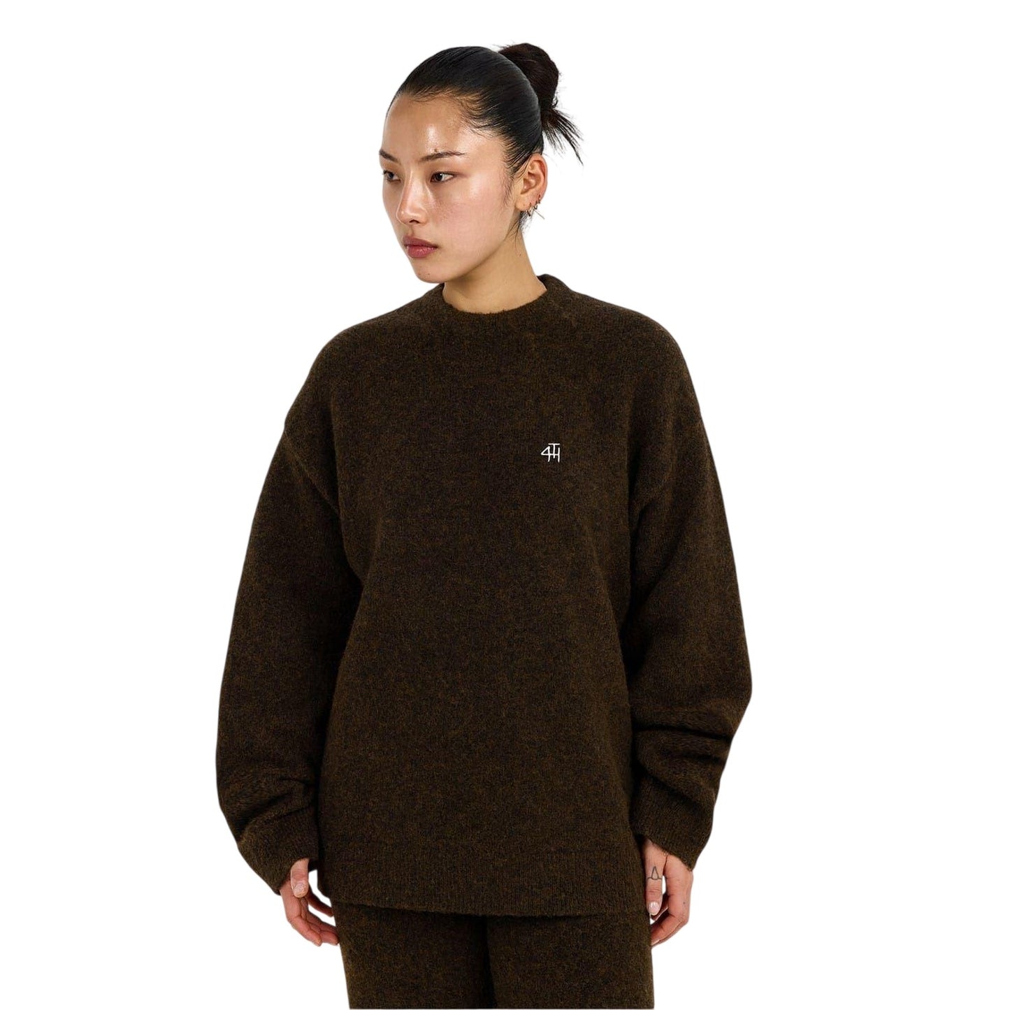 Chocolate - Side - 4th & Reckless Womens-Ladies Embroidered Logo Knitted Crew Neck Sweater Top