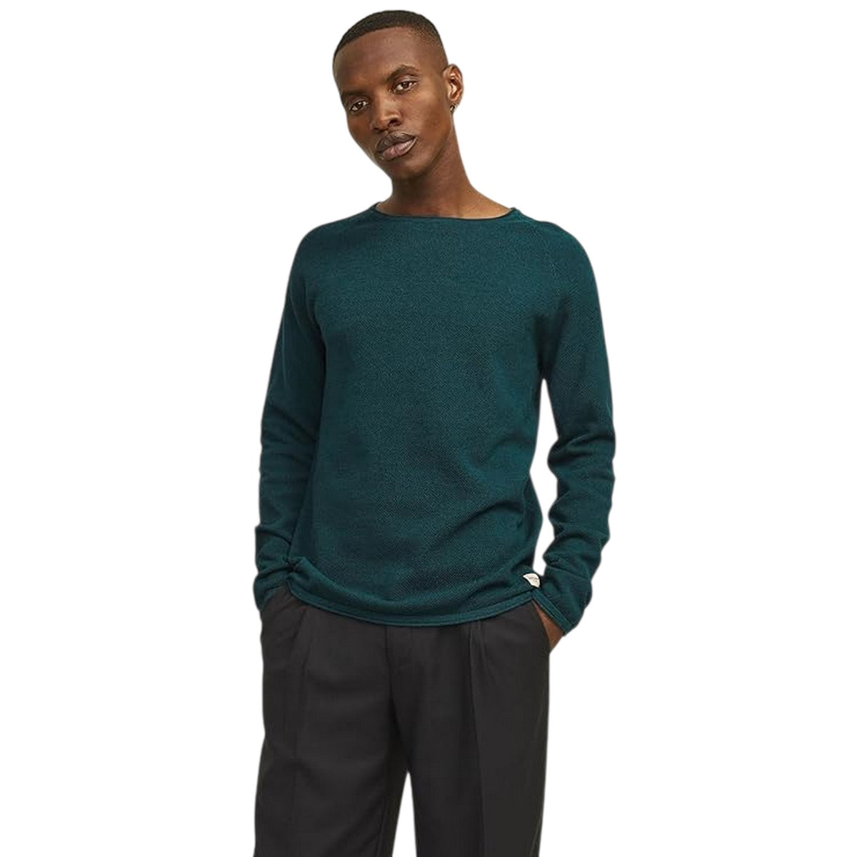 Deep Teal - Side - Jack And Jones Mens Textured Regular Raglan Jumper