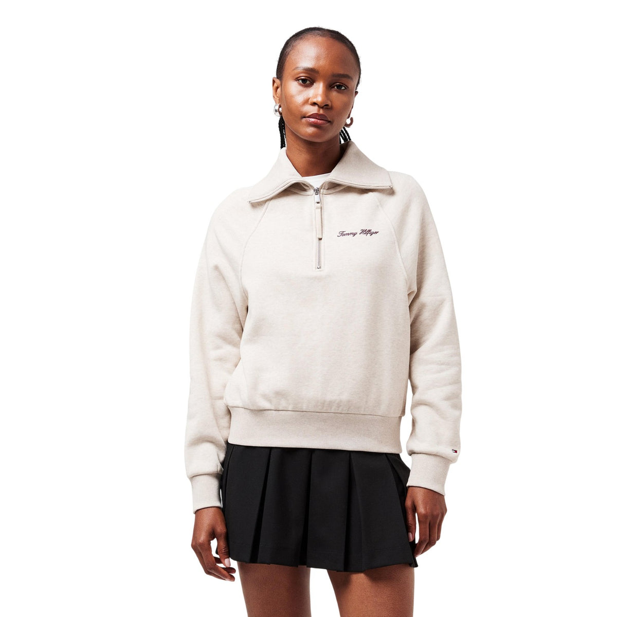 Oatmilk Heather - Side - Tommy Hilfiger Womens-Ladies Curve Classic Script Zip Neck Raglan Sweatshirt