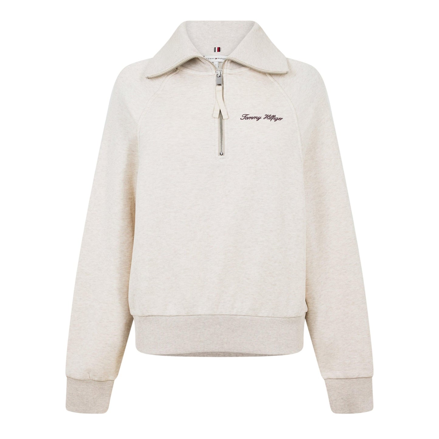 Oatmilk Heather - Front - Tommy Hilfiger Womens-Ladies Curve Classic Script Zip Neck Raglan Sweatshirt