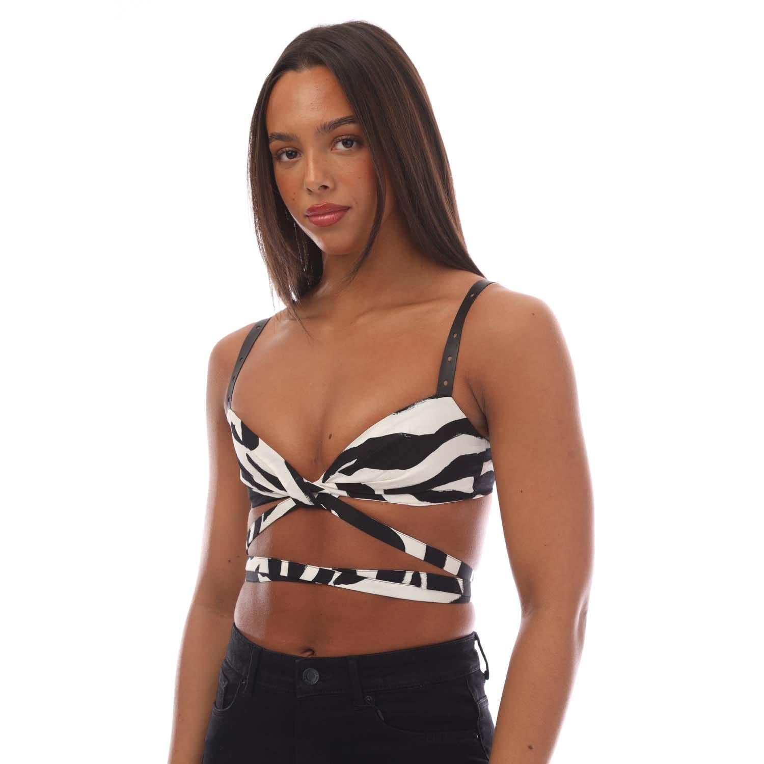 White-Black - Front - Off White Womens-Ladies Zebra Twisted Lace Up Bra