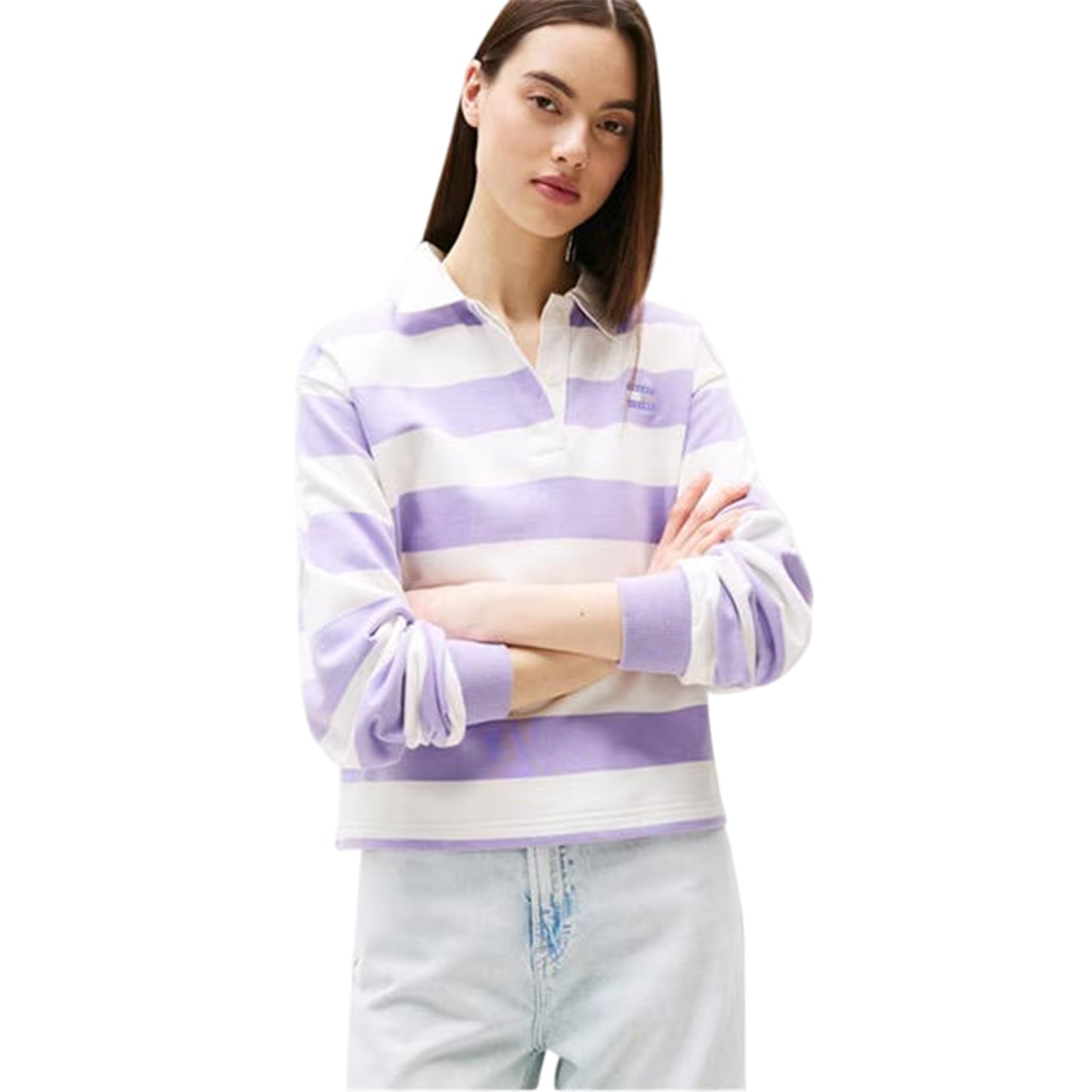 Amethyst Purple - Side - Tommy Jeans Womens-Ladies Striped Cropped Polo Shirt