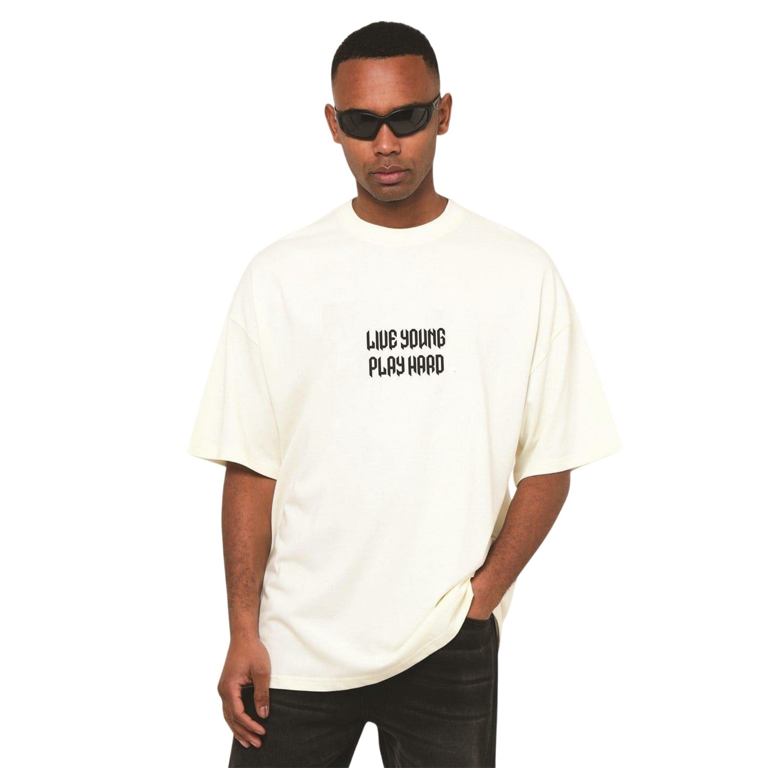 White - Side - LY Mens Punk Lettering Crew Neck Oversized T-Shirt