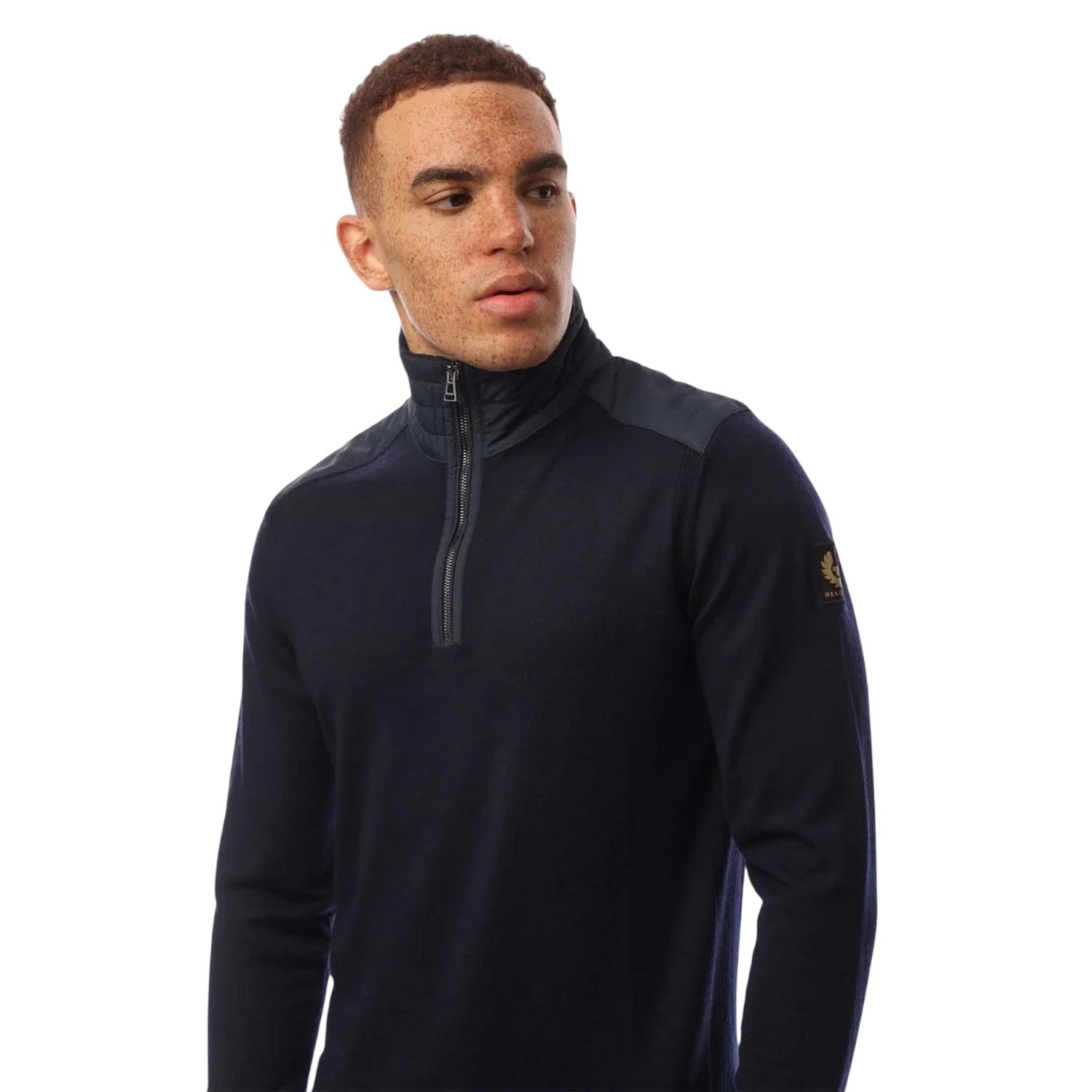 Navy - Side - Belstaff Mens Kilmington Quarter Zip Slim Jumper
