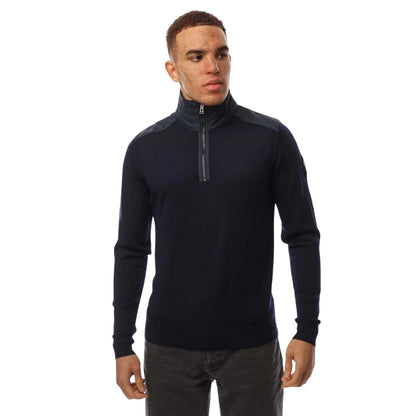 Navy - Front - Belstaff Mens Kilmington Quarter Zip Slim Jumper