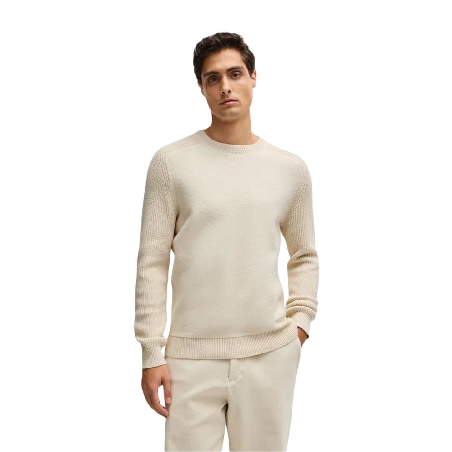 White - Side - Boss Mens Textured Knit Raglan Top