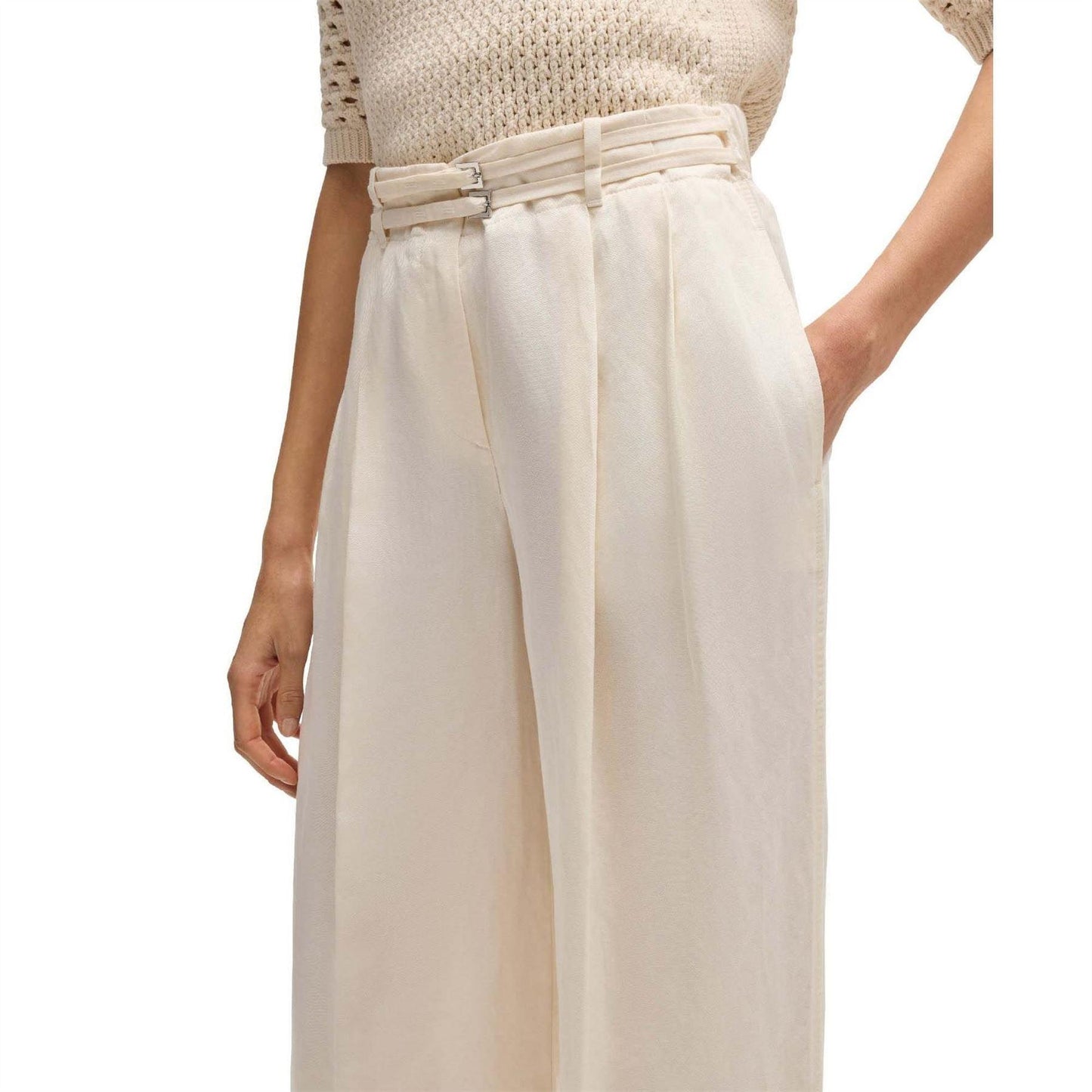 White - Side - Boss Womens-Ladies Taualy-W Relaxed Fit Trousers