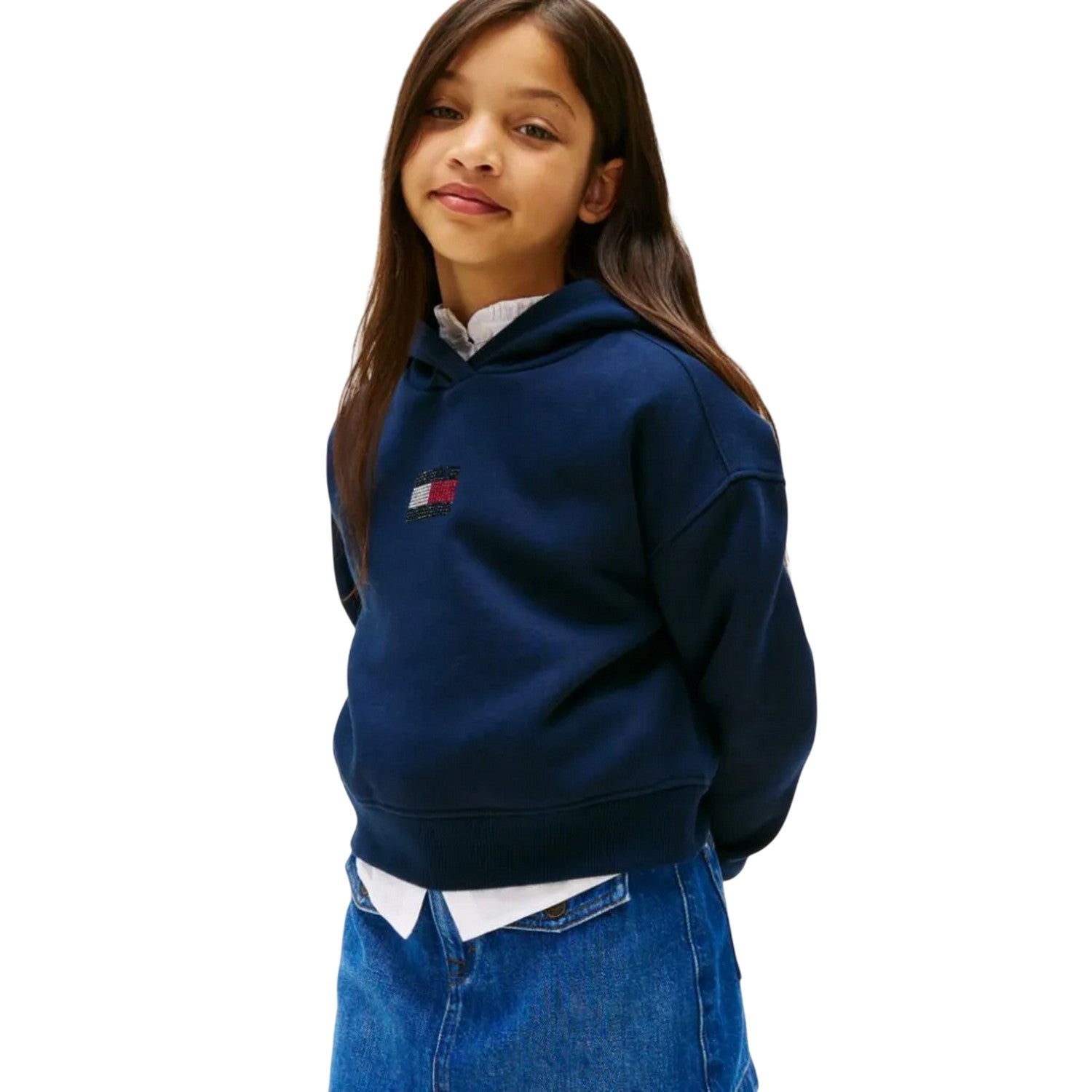 Navy - Side - Tommy Hilfiger Childrens-Kids Diamante Regular Long-Sleeved Hoodie