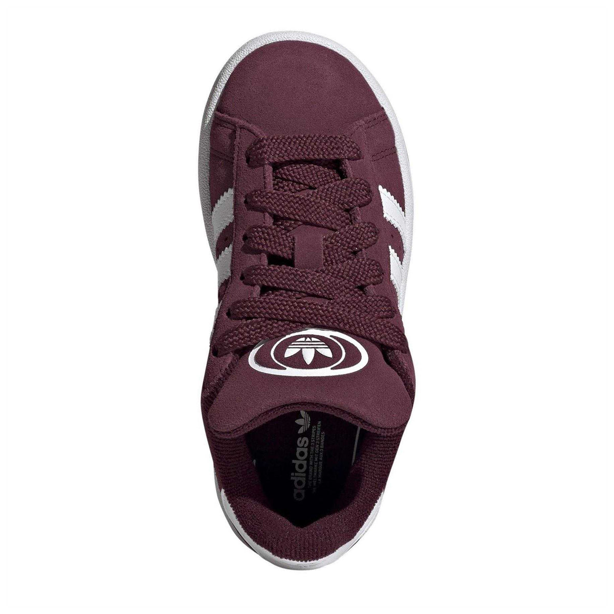 Maroon-White - Pack Shot - Adidas Childrens-Kids Campus 00s 3 Stripes Suede Flat Trainers