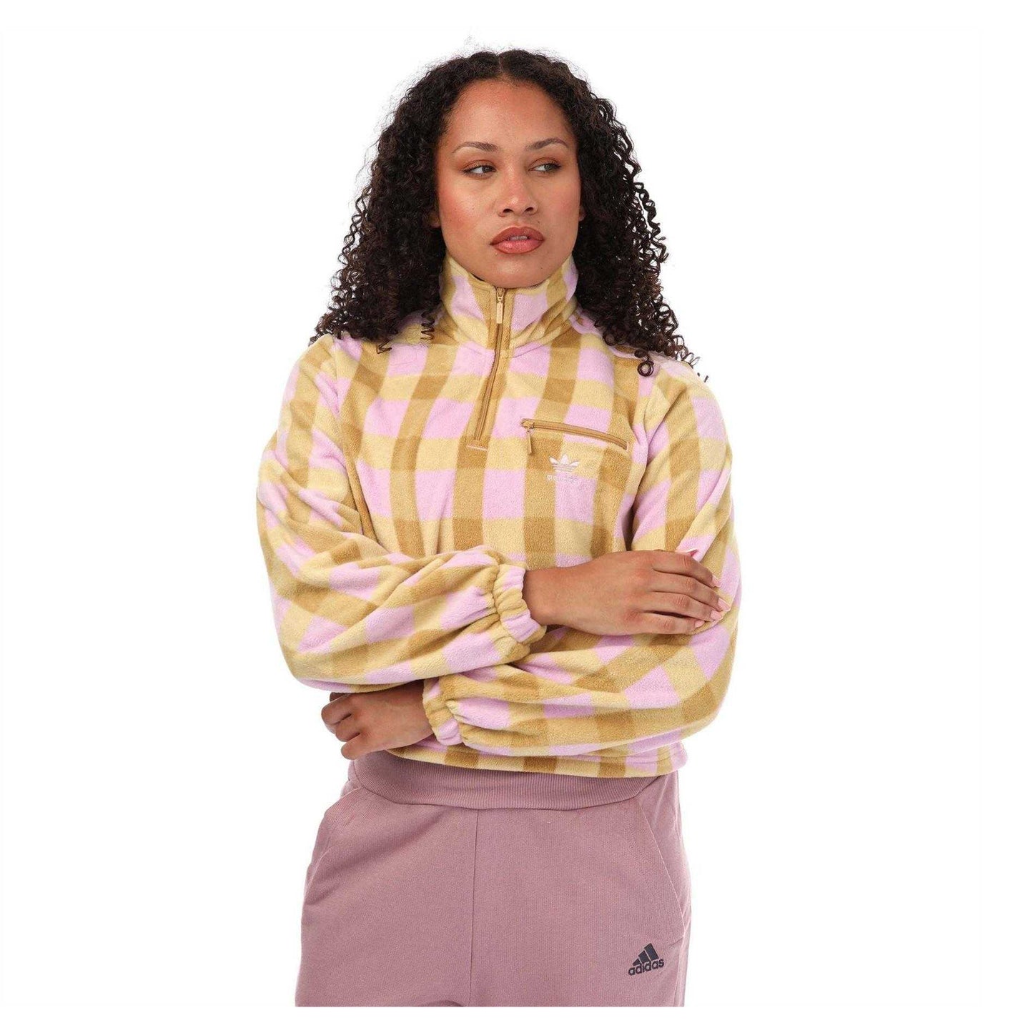 Beige-Brown - Front - Adidas Womens-Ladies Originals Gingham Polar Fleece Half Zip Sweatshirt
