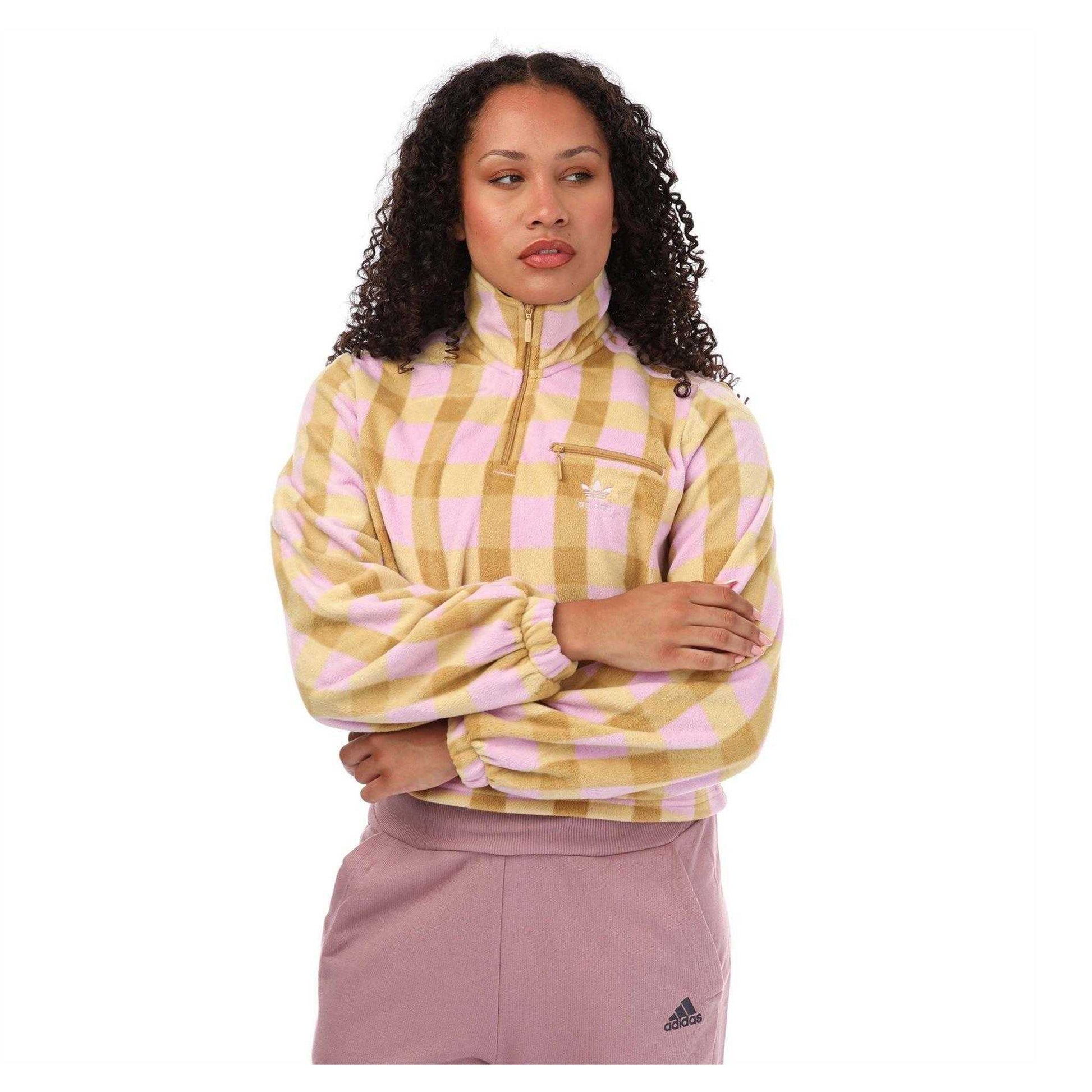 Beige-Brown - Front - Adidas Womens-Ladies Originals Gingham Polar Fleece Half Zip Sweatshirt