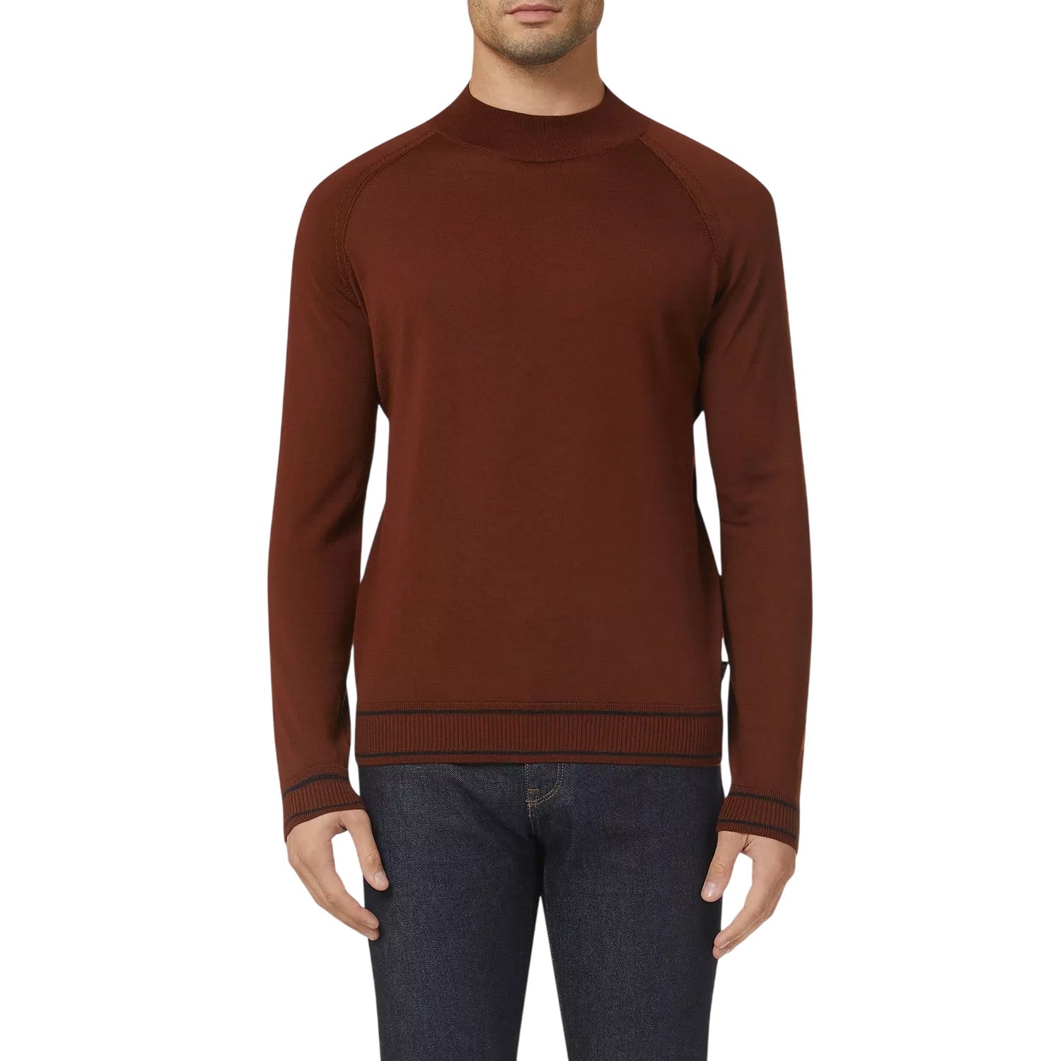 Medium Brown - Lifestyle - Boss Mens Mock Neck Regular Raglan Sweater Top