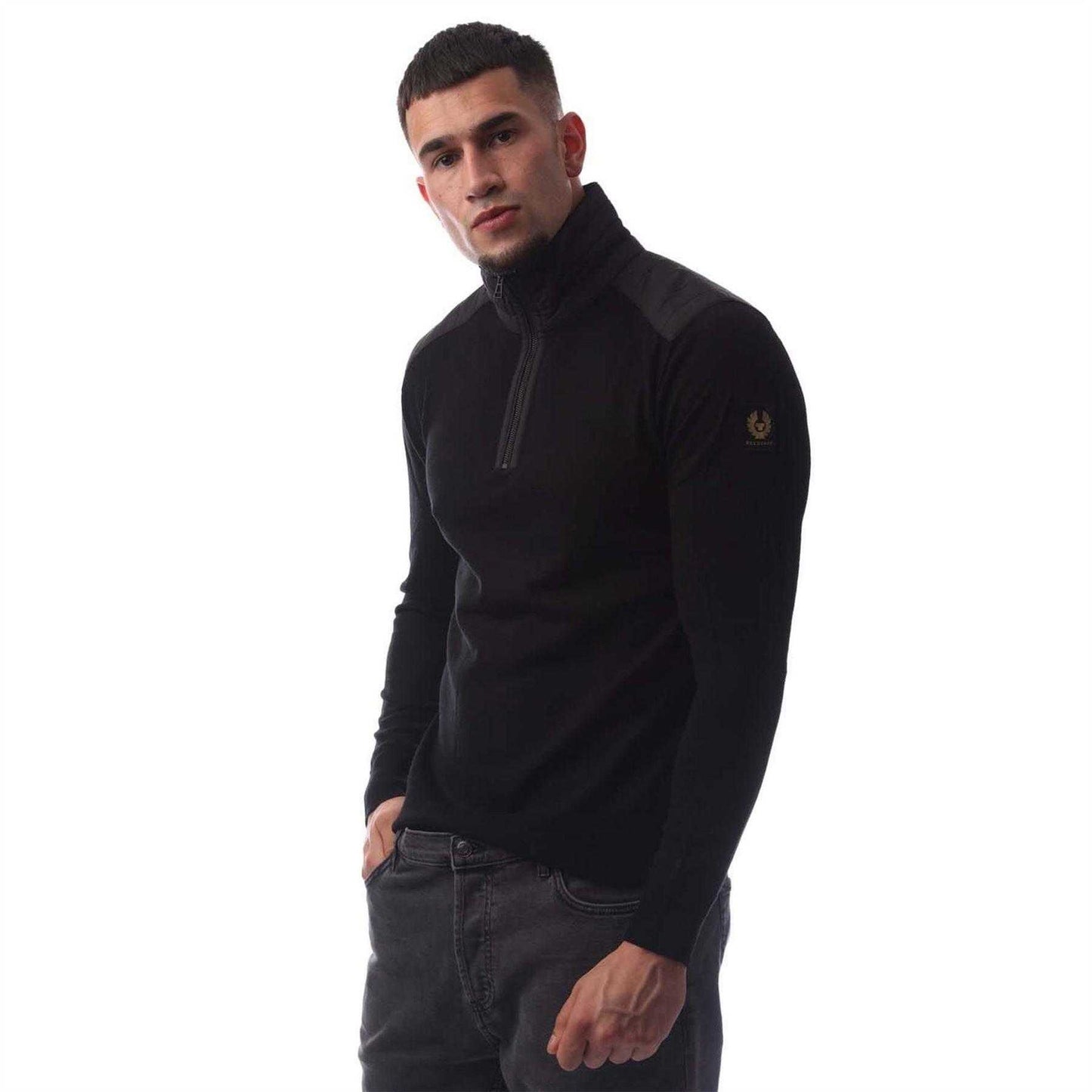 Black - Front - Belstaff Mens Kilmington Quarter Zip Slim Sweatshirt