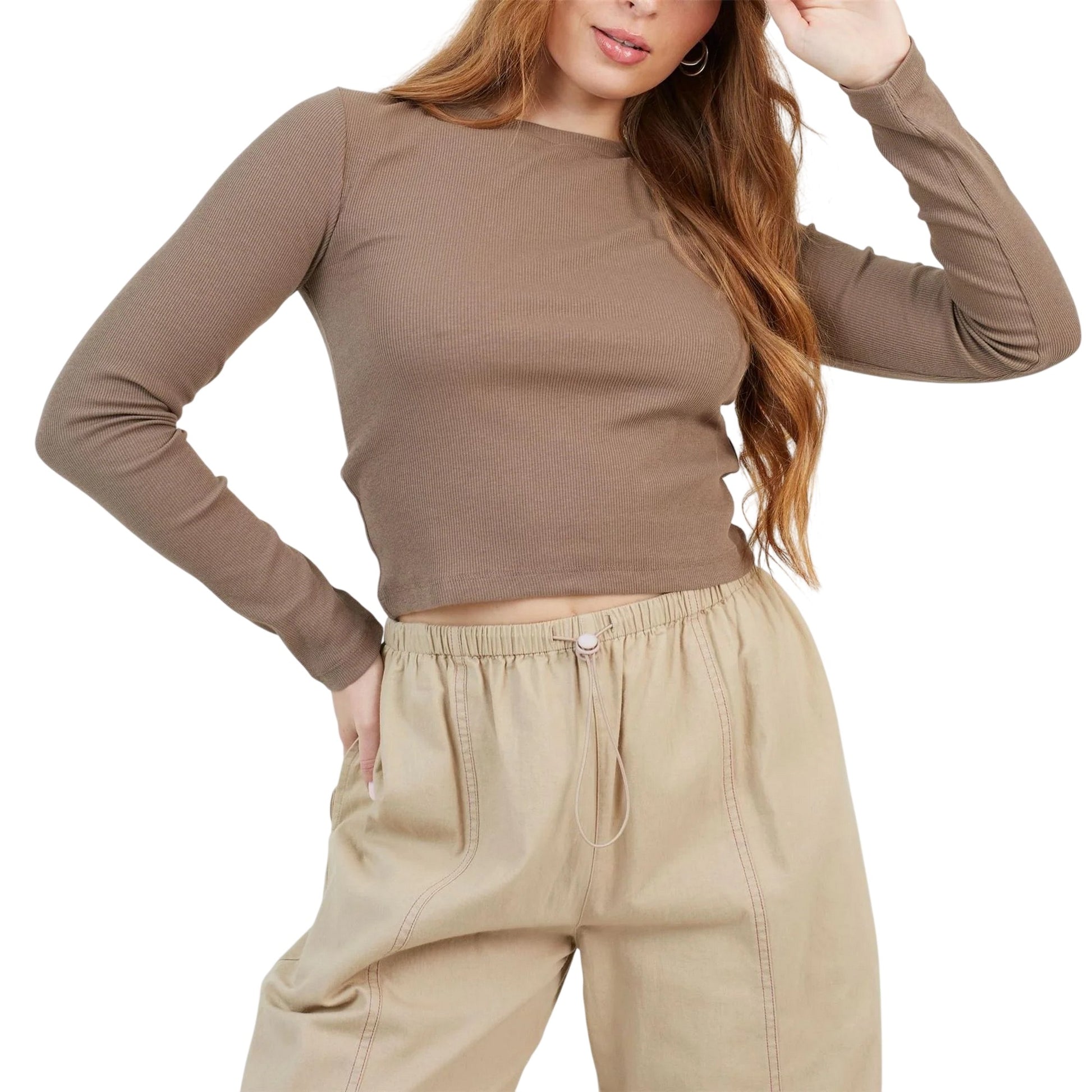 Mushroom - Front - Brave Soul Womens-Ladies Ribbed Long-Sleeved Crop Top