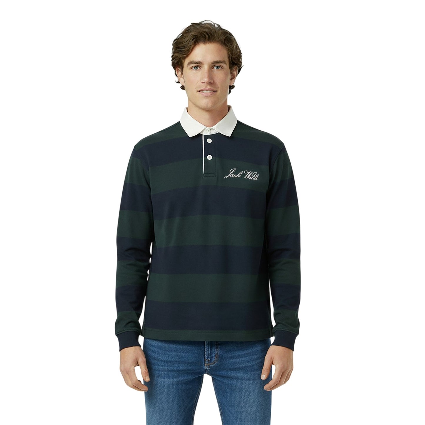 Pine-Navy - Side - Jack Wills Mens Jersey Collared Relaxed Fit Long-Sleeved Rugby Shirt