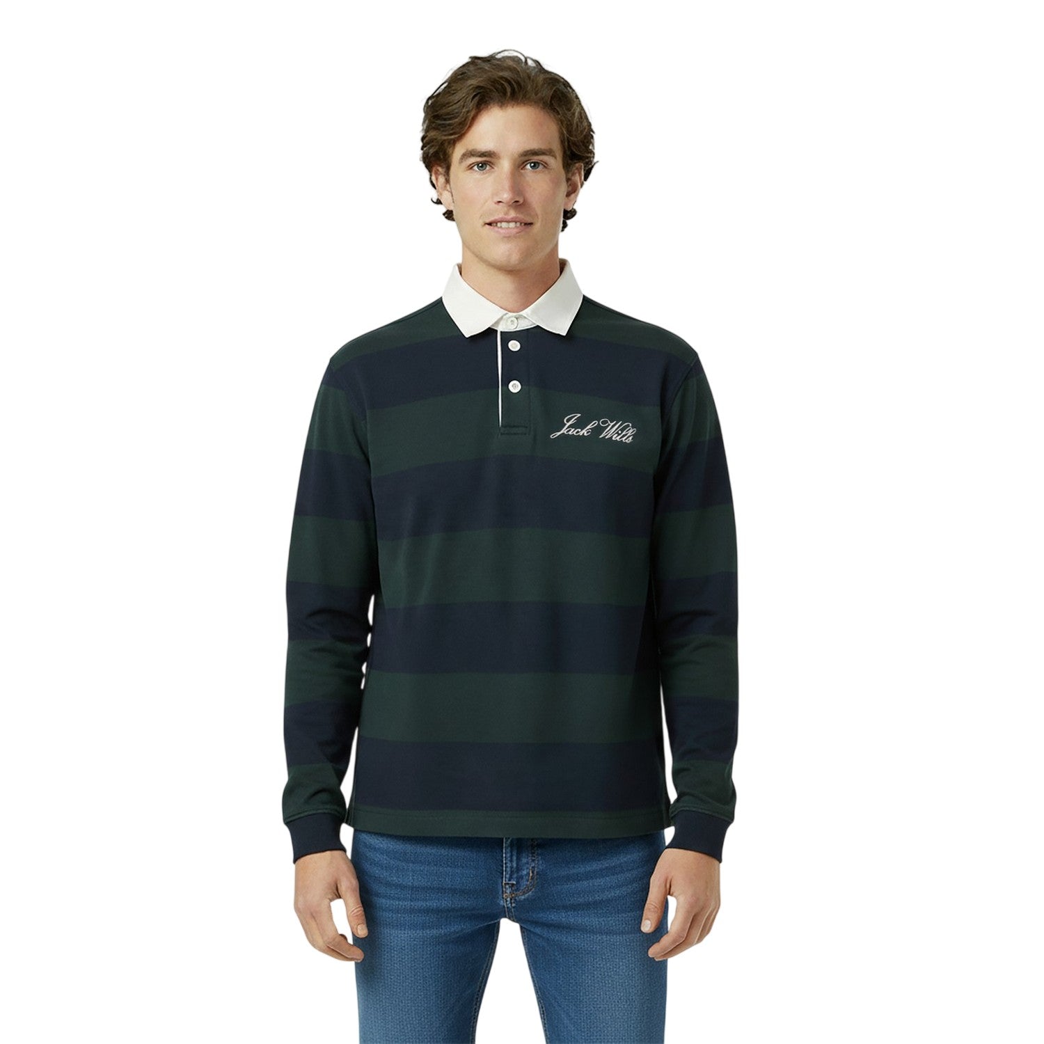 Pine-Navy - Side - Jack Wills Mens Jersey Collared Relaxed Fit Long-Sleeved Rugby Shirt