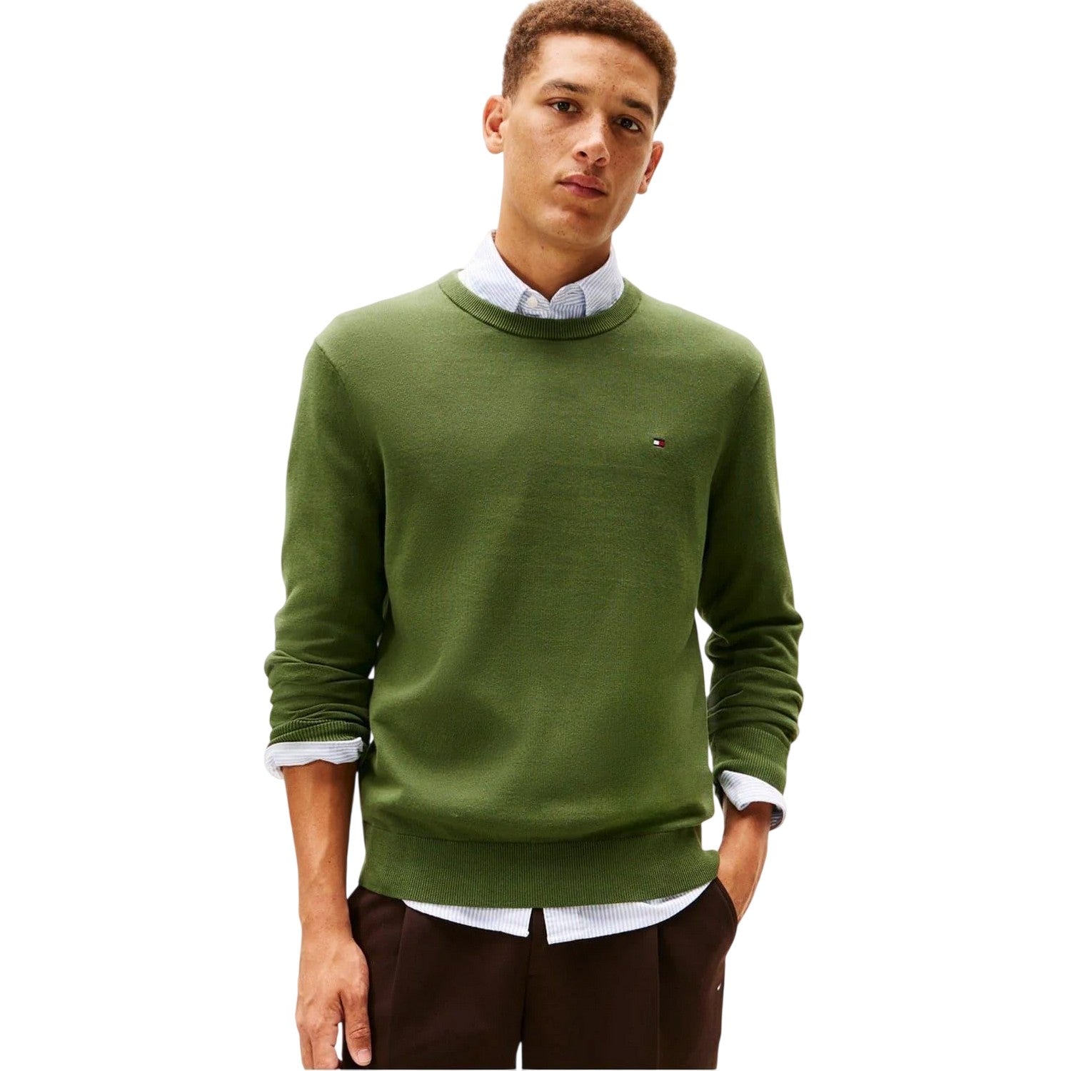 Mountain Green - Side - Tommy Hilfiger Mens Cotton Crew Neck Jumper