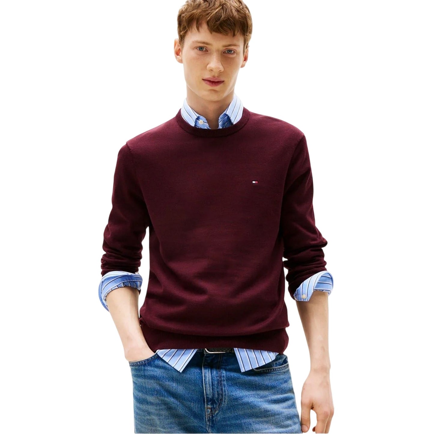 Deep Burgundy - Side - Tommy Hilfiger Mens Cotton Crew Neck Jumper